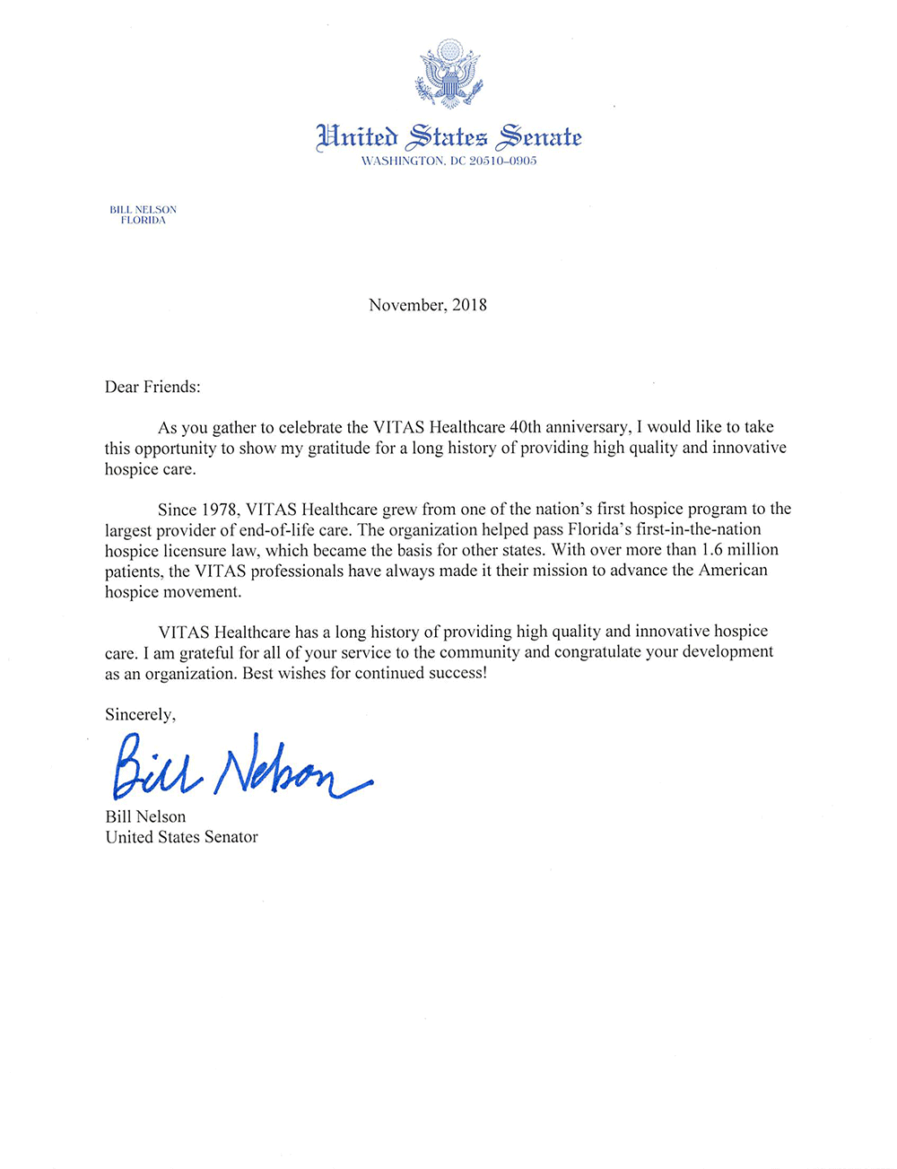 A Letter to VITAS from U.S. Senator Bill Nelson | VITAS Healthcare