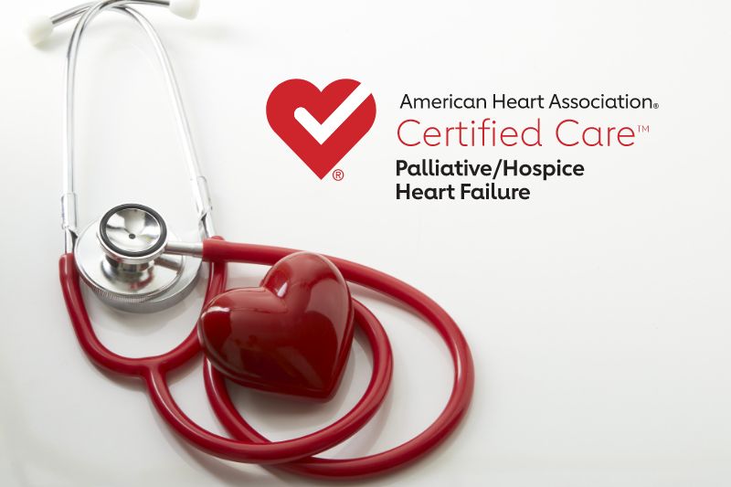 American Heart Association Certified Care Palliative/Hospice Heart Failure with a red stethoscope and a red heart