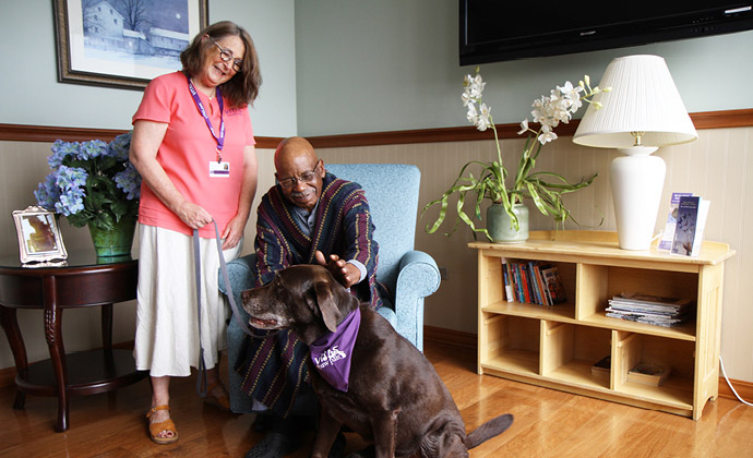 A patient pets a Paw Pals volunteer dog